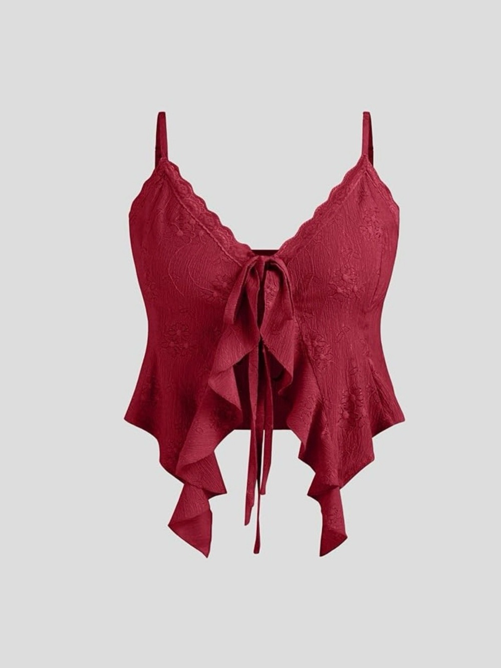 Cider Lace Ruffle Hem Knotted Tie-Front Crop Top in Deep Red